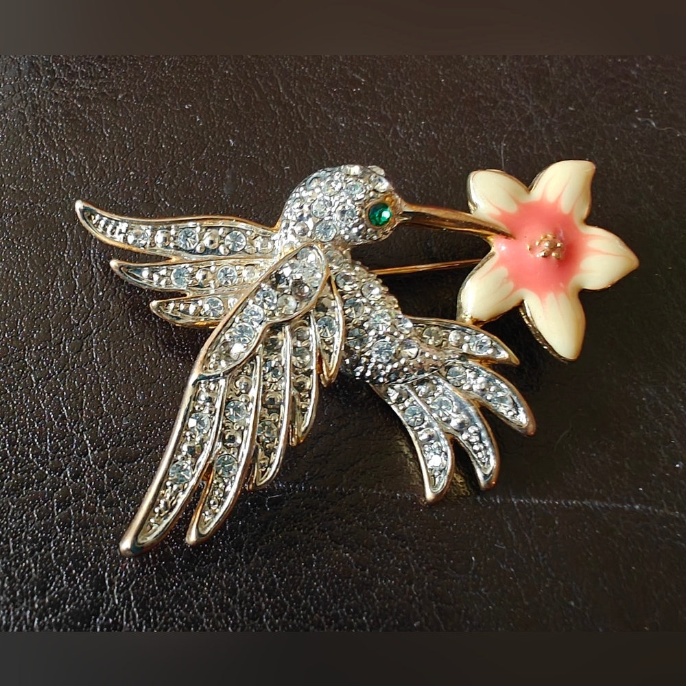 Rhinestone Hummingbird and Flower Brooch